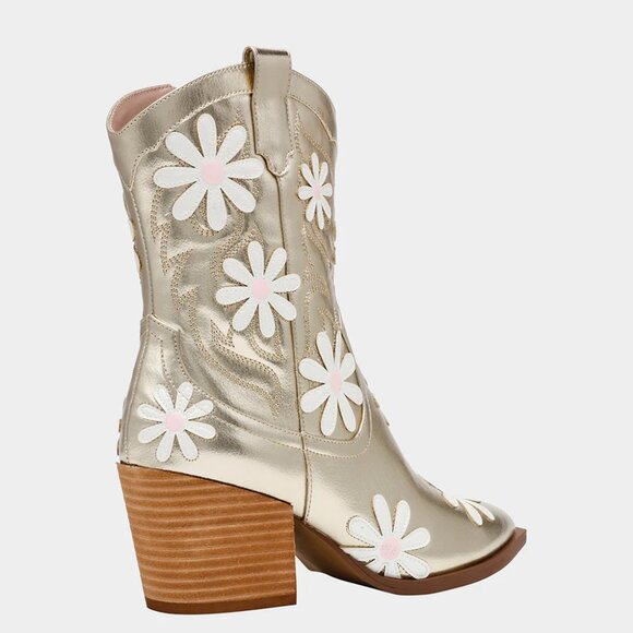 NWB$129 BETSEY JOHNSON Gold Faux Leather Teddyy Floral Daisy Western Booties 8.5 - Picture 6 of 10